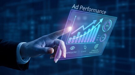 Businessman analyzing ad performance with digital graph and statistics