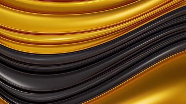 Abstract flowing waves of gold and black metallic liquid texture background.