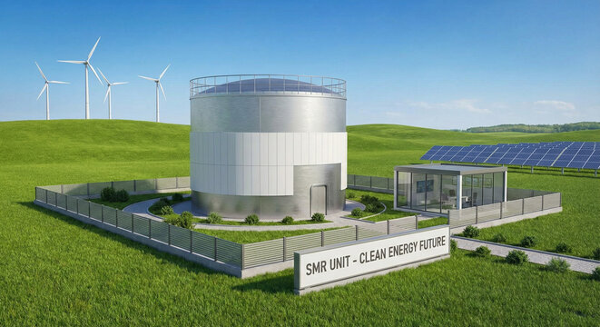 Small modular nuclear reactor SMR unit in green landscape concept