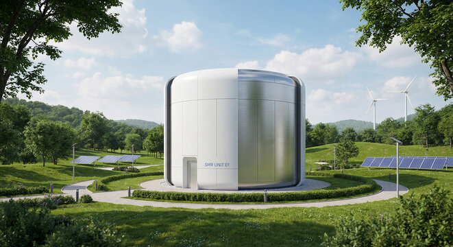 Small modular nuclear reactor SMR unit in green landscape concept