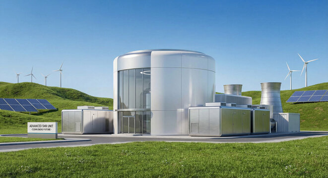 Small modular nuclear reactor SMR unit in green landscape concept