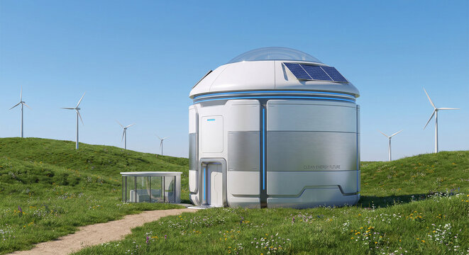 Small modular nuclear reactor SMR unit in green landscape concept