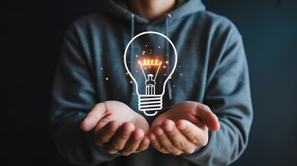 Creative Concept of a Glowing Lightbulb Graphic Held in Hands for Inspiration and Innovation