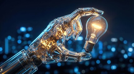 Innovation in the Digital Era: A robotic hand delicately holds a glowing light bulb against a futuristic cityscape background, symbolizing the spark of innovation and technological advancement.