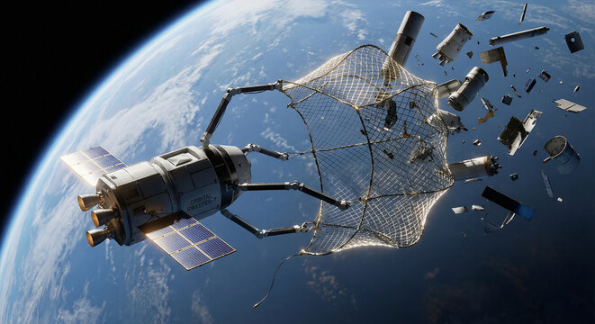 Satellite catching space debris with robotic net in earth orbit