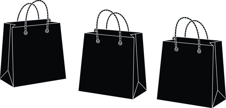 Three black shopping paper bags silhouette vector illustration set with string handles isolated on a white background for retail.