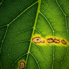 A close-up view of a green leaf with fungal infections, showcasing leaf veins and damaged spots via high-resolution photography
