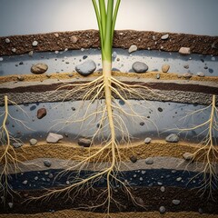 Cross-section view of a plant's root system and soil layers in a geological formation