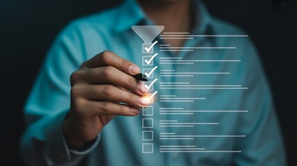 Hand Checking Boxes on a Digital Checklist Funnel Representing Process Management and Task Completion