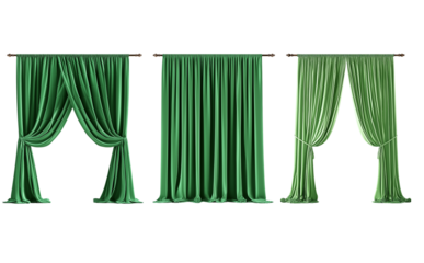 Three Green Velvet Curtains with Different Draping Styles isolated on a transparent background