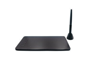 Black graphic tablet with stylus on white background 
