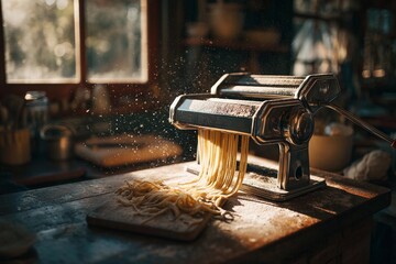 Making fresh pasta in a kitchen with a manual pasta maker on a wooden table in the afternoon light