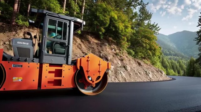 Orange steamroller compacting fresh asphalt on winding mountain road surrounded by lush green