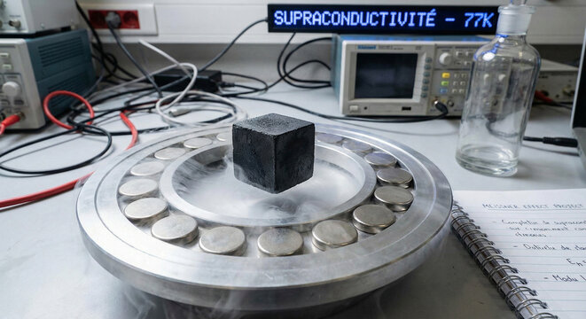 Levitating superconductor ceramic cube with liquid nitrogen smoke Meissner effect