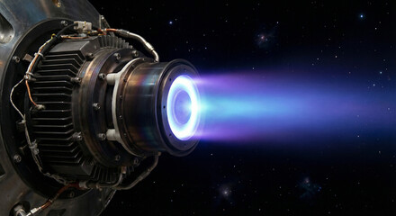Electric ion thruster engine firing blue xenon plasma beam in space