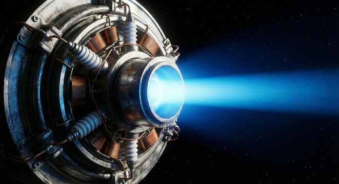 Electric ion thruster engine firing blue xenon plasma beam in space