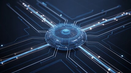 High Tech Microchip and Digital Circuitry Background with Glowing Data Flow and Technical Connectivity