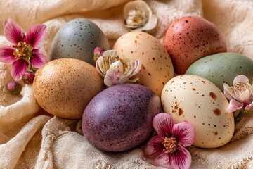 Obraz premium Decorated eggs arranged with flowers on a fabric background for a spring celebration in bright colors