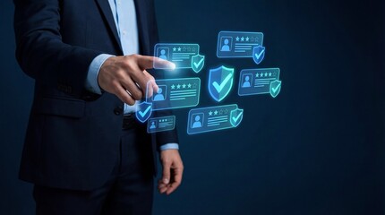 Businessman interacting with digital identity verification icons