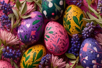 Colorful decorated eggs with flowers on pink background during spring celebration
