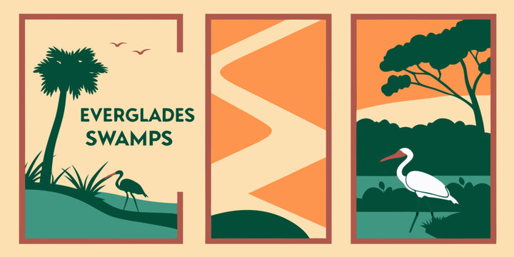 U.S, USA, US, United States - Everglades Swamp Triptych | Florida Wildlife & Marsh Illustration | Vintage Nature Poster Set | Egret and Tropical Wetland Wall Art Print
