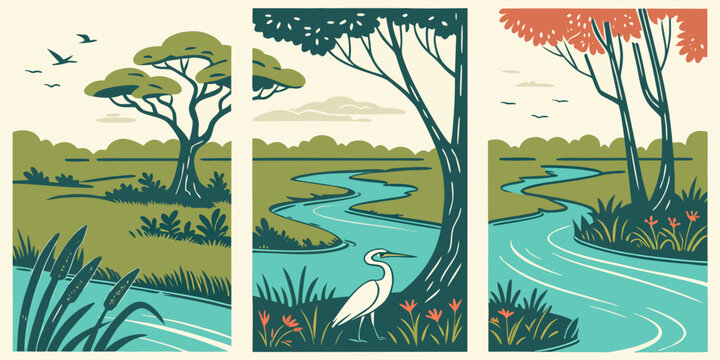 U.S, USA, US, United States - River & Heron Triptych | Serene Wetland Landscape Illustration with Warm Foliage | Vintage Nature Poster Set | Peaceful Wildlife Wall Art Print
