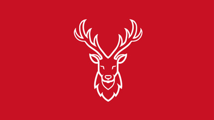 Fototapeta premium Elegant white outline illustration of a majestic deer head with large antlers on a vibrant red background, minimalist animal icon.