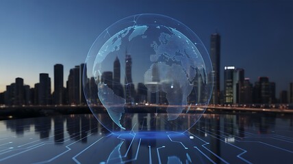 Global Digital Network Connection Concept over a Futuristic City Skyline at Night Representing World Connectivity