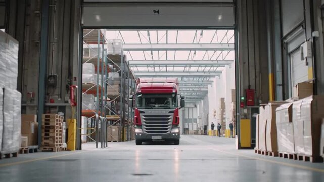 Red Semi Truck Entering Warehouse Loading Bay with Pallets of Boxes and Shelving lorry freight truck