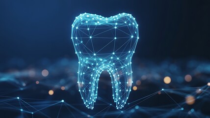 Digital Glowing Wireframe Tooth for Modern Dentistry and Dental Technology Concept