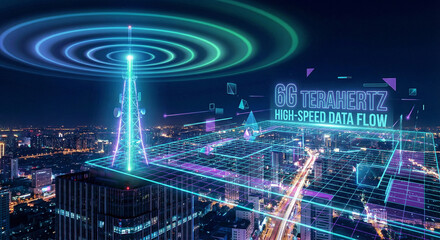 6G terahertz frequency waves visualization over night city communication concept