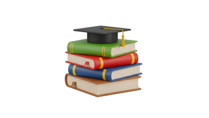 Stack of Green Red and Blue 3D Academic Books with Graduation Hat on Transparent Background