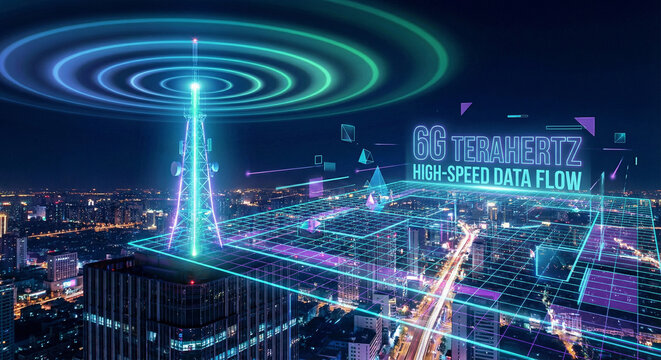 6G terahertz frequency waves visualization over night city communication concept - Powered by Adobe