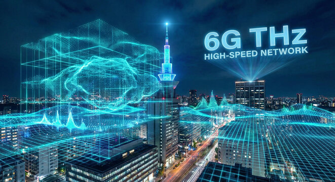 6G terahertz frequency waves visualization over night city communication concept - Powered by Adobe