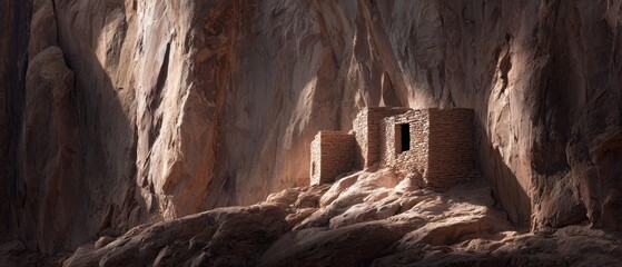 Minimalist Cliff Dwelling Clinging to Sheer Rock Face in Desert Landscape