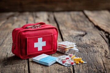 Obraz premium First aid kit with various medical supplies on wooden table in indoor setting