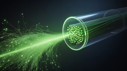 Modern Fiber Optic Technology with Glowing Green Light for High Speed Digital Communication