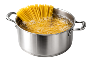 Spaghetti cooking in a stainless steel pot bubbles rising on transparent background
