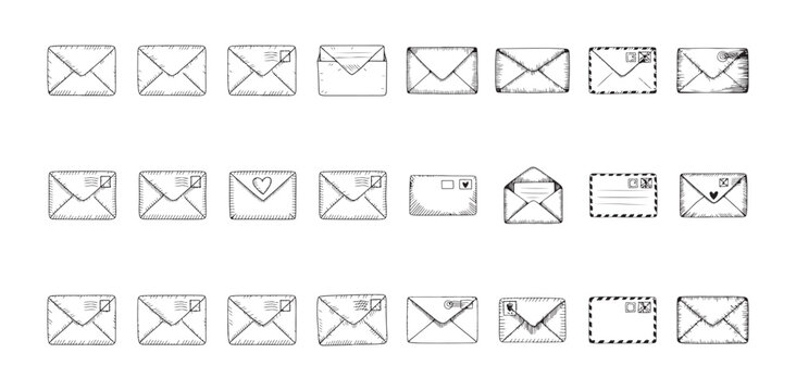 Hand drawn vintage style envelope icons set with sketch details for correspondence and letter mail