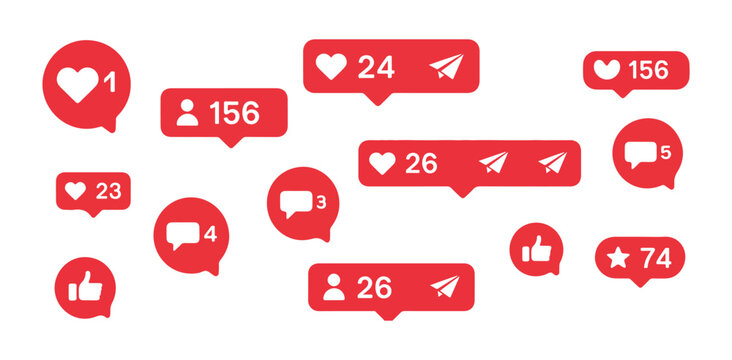 Social media notification icons like hearts likes comments and followers for ui design