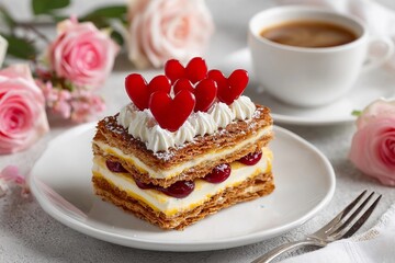 Enjoying a dessert with coffee and roses at a cozy setting during a sunny afternoon