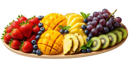 A vibrant fruit platter with strawberries mango blueberries grapes and kiwi isolated on transparent background