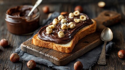 Chocolate spread served on toasted bread with nuts on a wooden board in a kitchen setting
