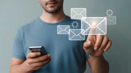 Email automation, email marketing concept, Gathering customer insights via email to enhance customer engagement, retention and loyalty. Man using smartphone with email icon on virtual screen.