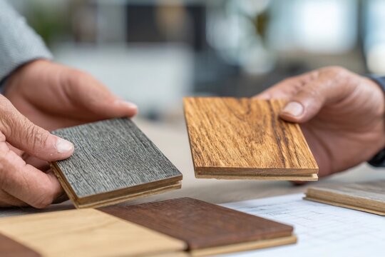 Hands hold wood samples for flooring selection in a modern workspace during daylight hours
