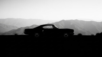 Fototapeta premium Film Noir Cinematography of a Classic Vintage Car Parked on a Scenic Overlook