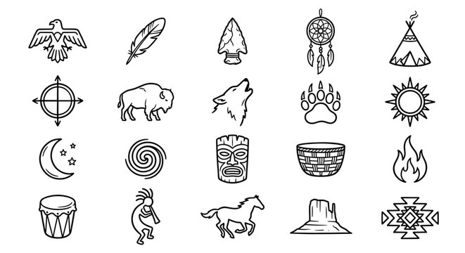 A collection of outlined Native American symbols and icons, representing culture.
