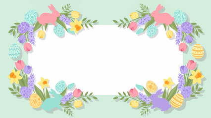 Fototapeta premium Pastel Easter frame with bunnies, decorated eggs, tulips, daffodils, and hyacinths on a light green background.
