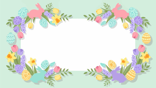 Pastel Easter frame with bunnies, decorated eggs, tulips, daffodils, and hyacinths on a light green background.