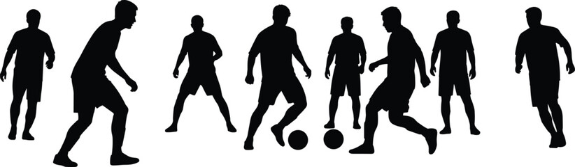 Fototapeta premium Soccer Player Silhouette Collection Featuring Men In Active Match Poses Dribbling Ball And Defending Isolated On White Background For Sports Design Teamwork And Coaching